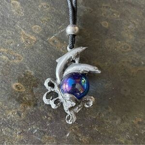 Vintage Pewter Dolphin Crystal Ball Blue Marble Shiny Pendant 13” Rope Necklace